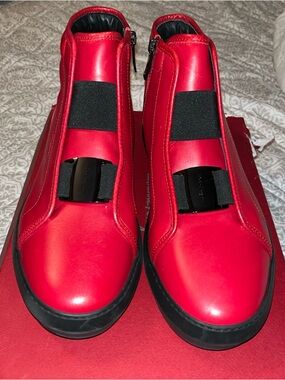 Salvatore Ferragamo Red Leather High-Top Sneakers with Black Accents